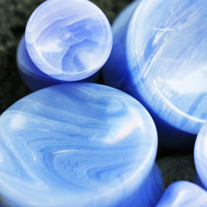 Blue Lace Agate Concave Stone Double Flared Saddle Plug Gauges
 - Pair