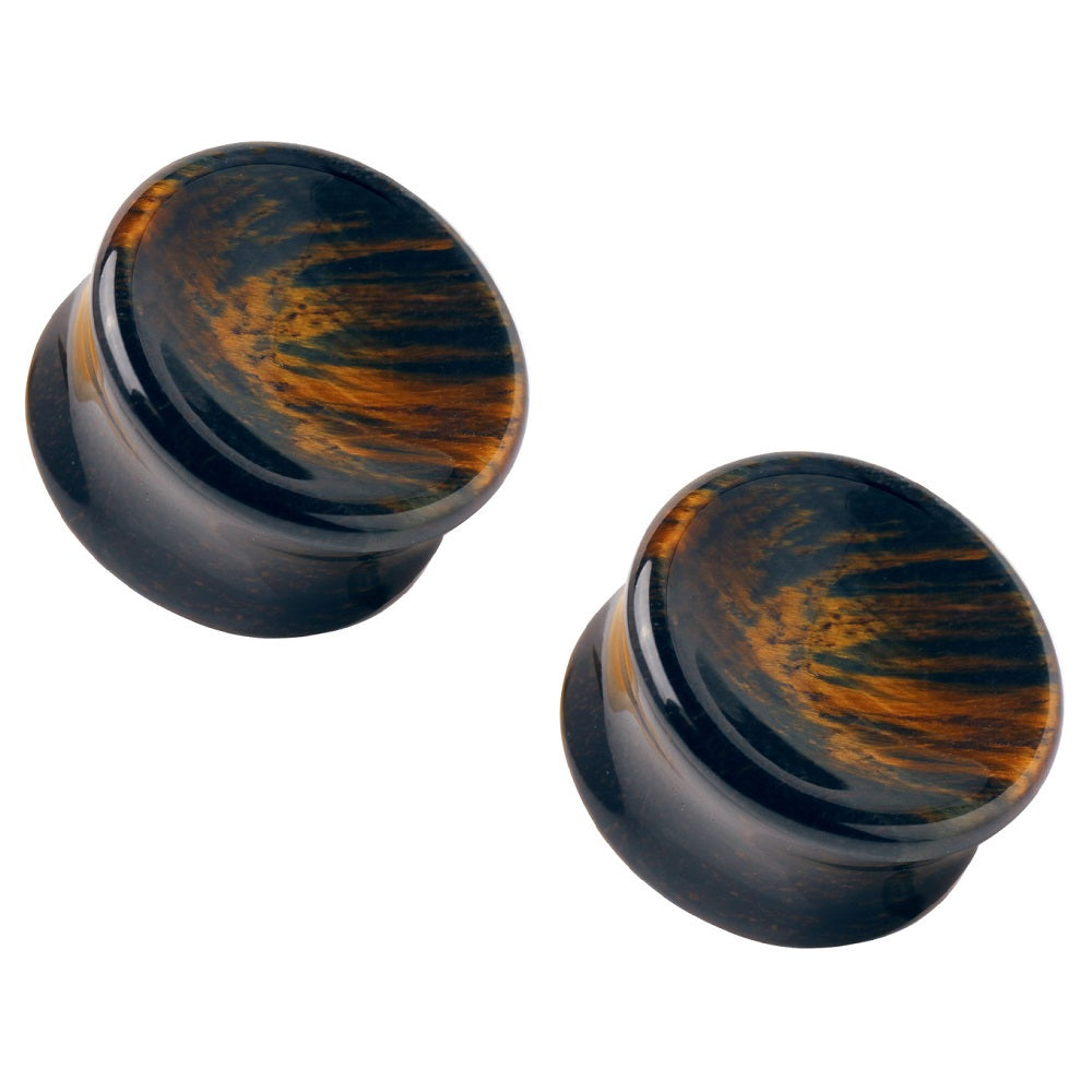 Natural Concave Dark Tiger Eye Stone Double Flared Saddle Fit Plugs
 - Pair