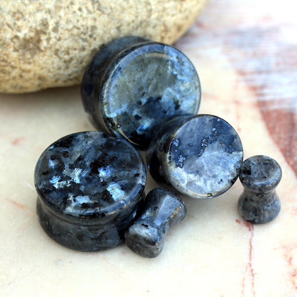 Natural Black Labradorite Stone Double Flared Plugs - Pair