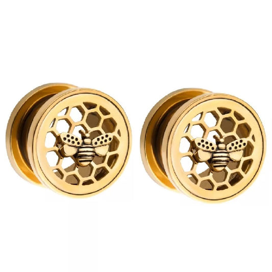 Golden Cut Out Honeycomb with Bumblebee Screw Fit Flesh Fit Plug Gauges
 - Stainless Steel - Pair