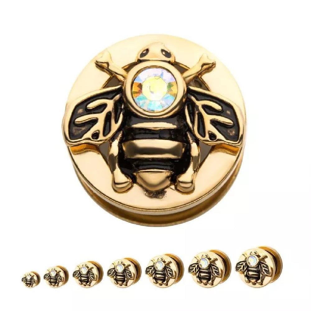 Cut Out Golden Bumble Bee with Aurora Borealis CZ Screw Fit Plugs - Stainless Steel - Pair