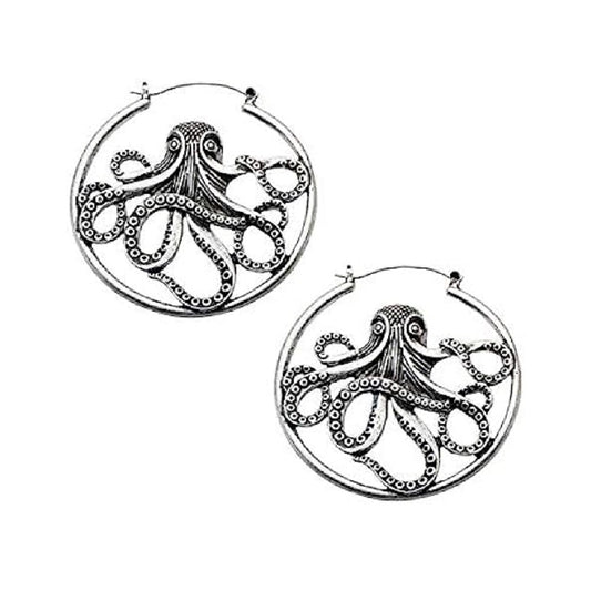 Antique Octopus Plug Hoop Earrings
 - Stainless Steel - Pair