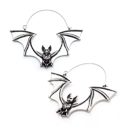 Flying Vampire Bat Plug Hoop Earrings - Stainless Steel - Pair