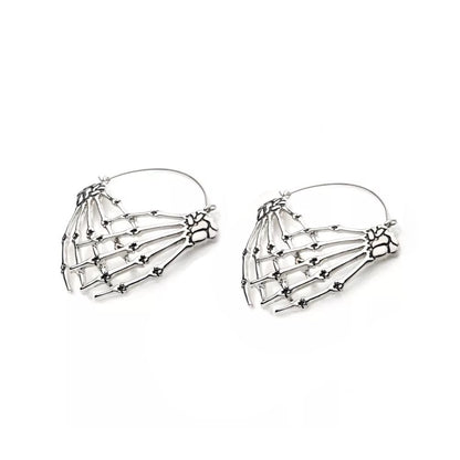 Antiqued Skeleton Crossed Hands Plug Hoop Earrings - Stainless Steel - Pair