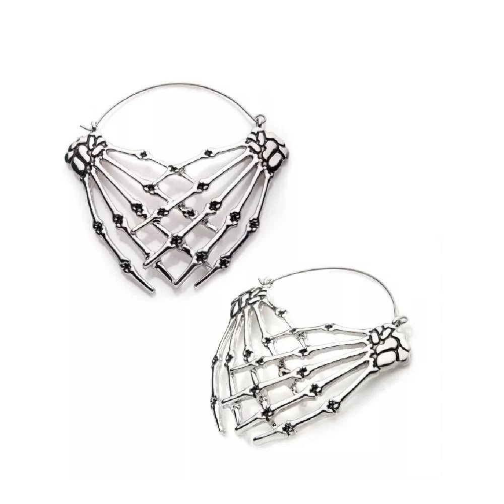 Antiqued Skeleton Crossed Hands Plug Hoop Earrings - Stainless Steel - Pair