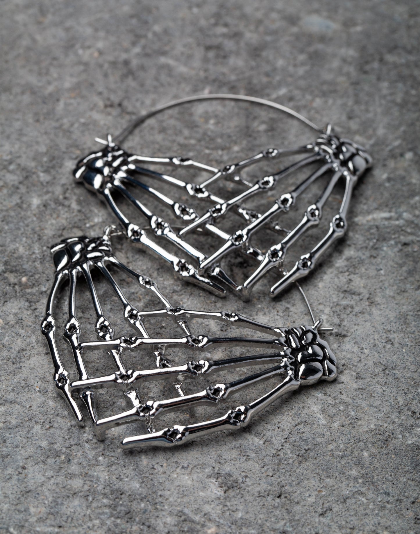 Antiqued Skeleton Crossed Hands Plug Hoop Earrings - Stainless Steel - Pair