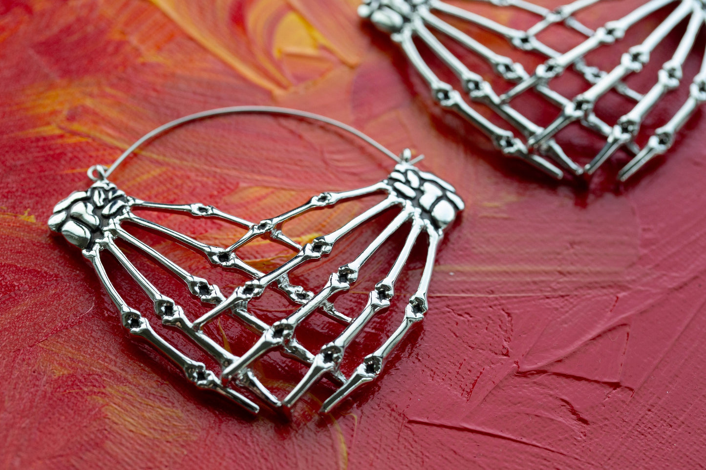 Antiqued Skeleton Crossed Hands Plug Hoop Earrings - Stainless Steel - Pair