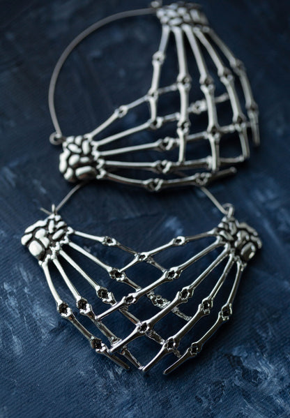 Antiqued Skeleton Crossed Hands Plug Hoop Earrings - Stainless Steel - Pair