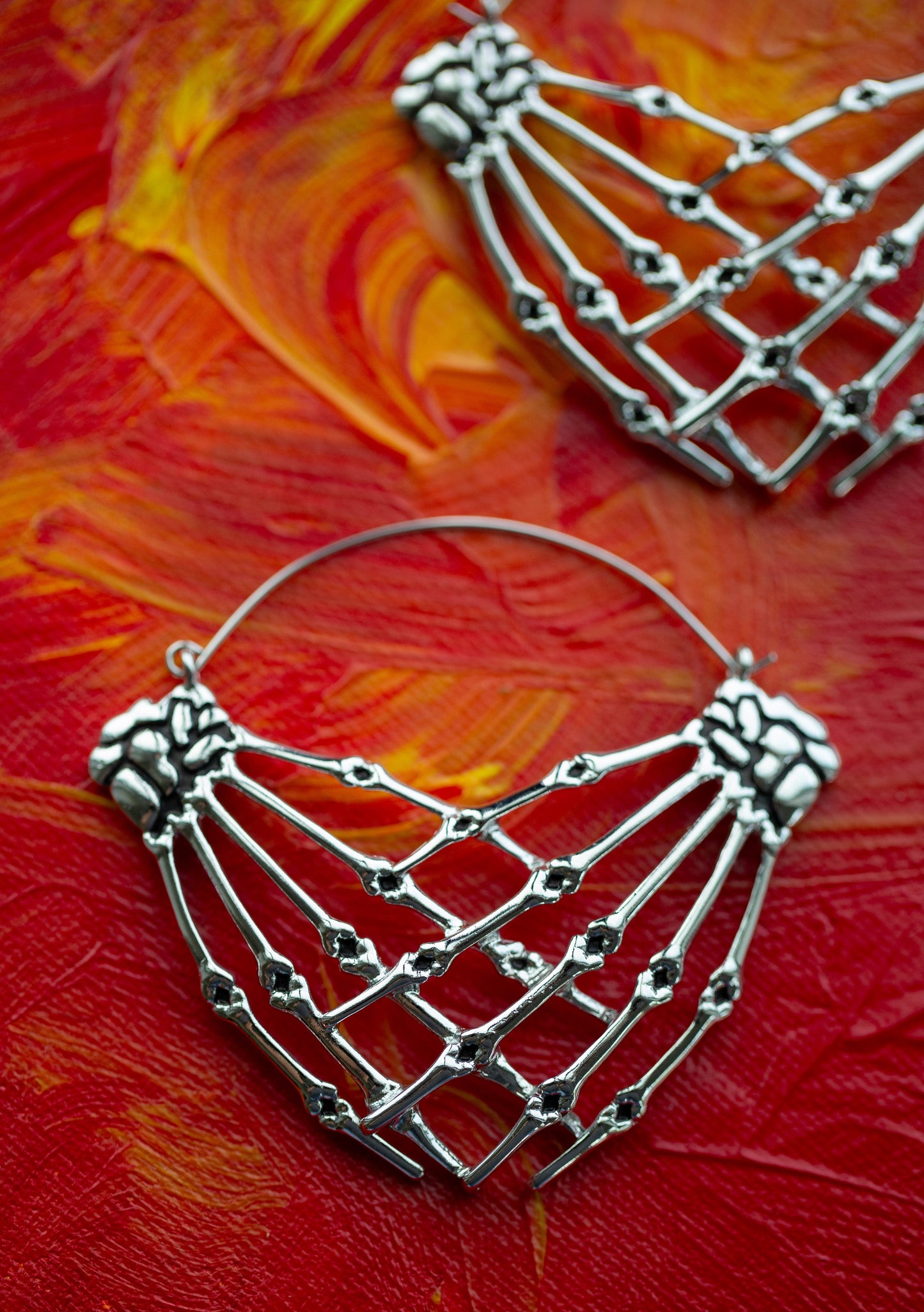 Antiqued Skeleton Crossed Hands Plug Hoop Earrings - Stainless Steel - Pair