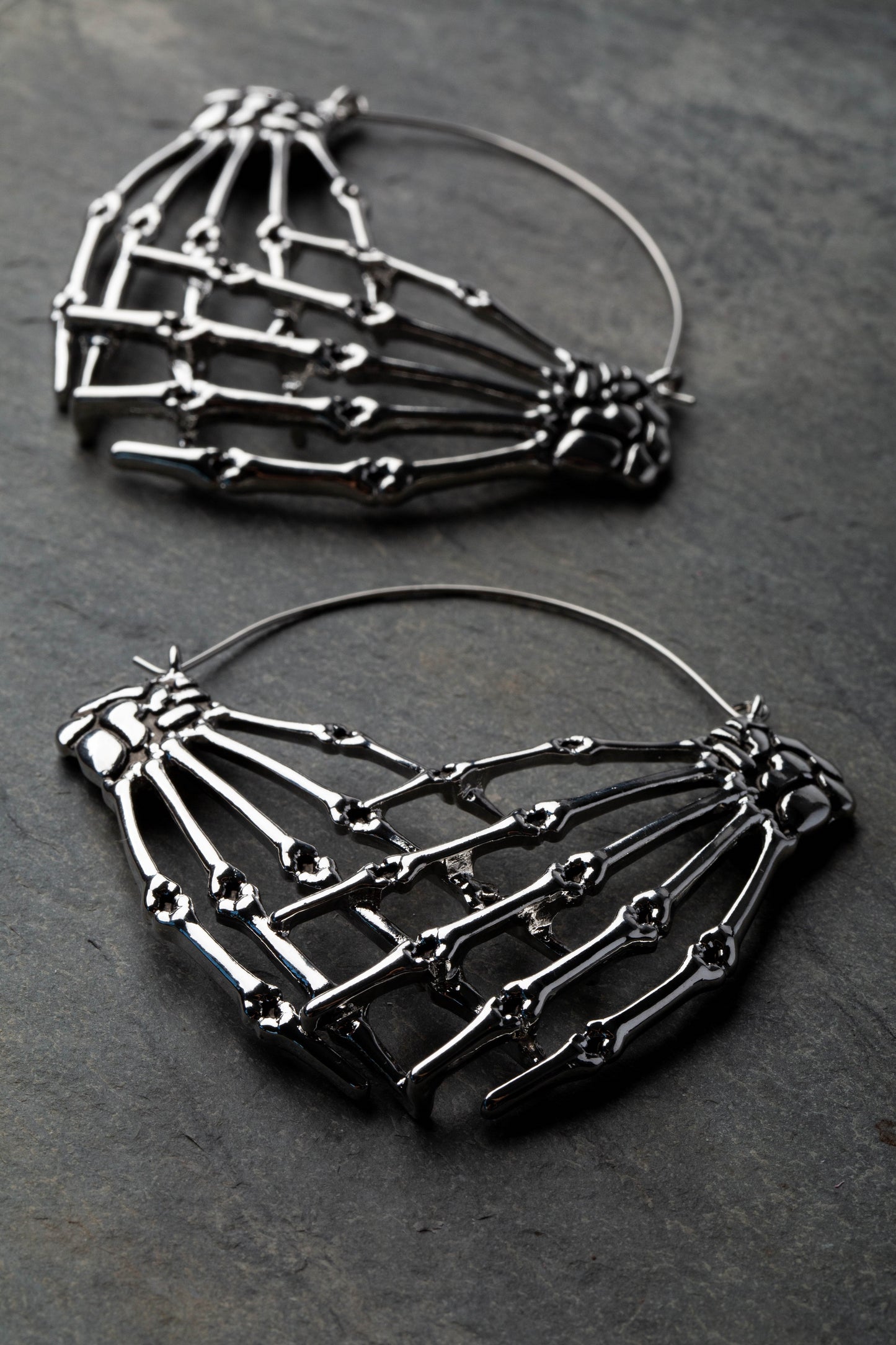 Antiqued Skeleton Crossed Hands Plug Hoop Earrings - Stainless Steel - Pair