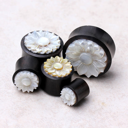 Organic Sono Wood with Hand Carved Mother of Pearl Lotus Flower Saddle Plug Gauges - Pair