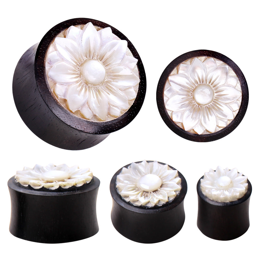 Organic Sono Wood with Hand Carved Mother of Pearl Lotus Flower Saddle Plug Gauges - Pair