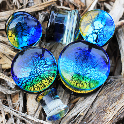 Oceanic Colors Cracked Design Glass Saddle Plugs - Pair