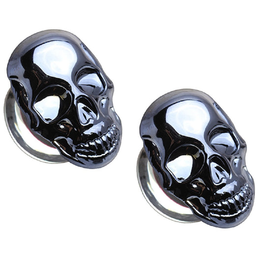 Glass Metallic Blue Skull Double Flared Plugs - Pair