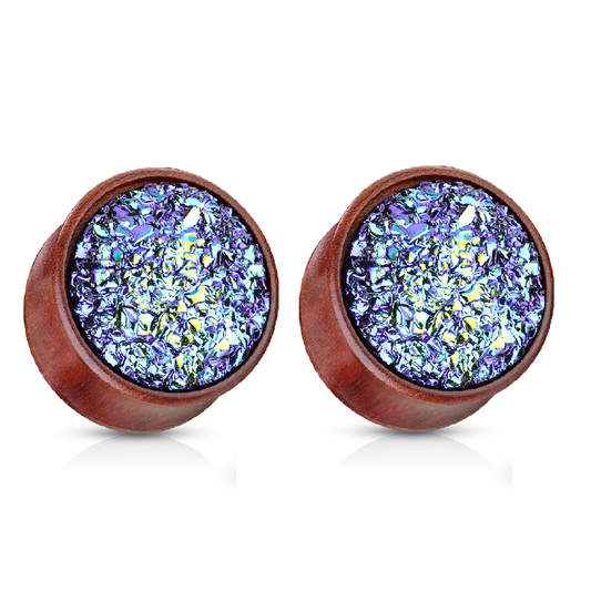 Blue Synthetic Druzy Stone Set Double Flared Natural Wood Plugs
 - Pair