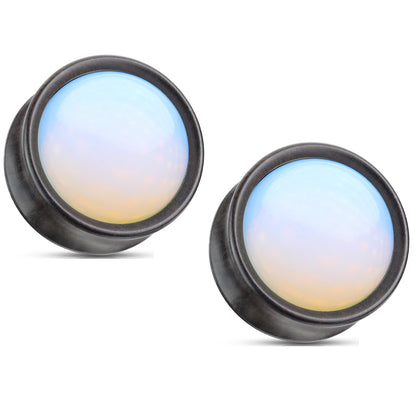 Synthetic Opal Center Front-Facing Natural Ebony Wood Saddle Plugs