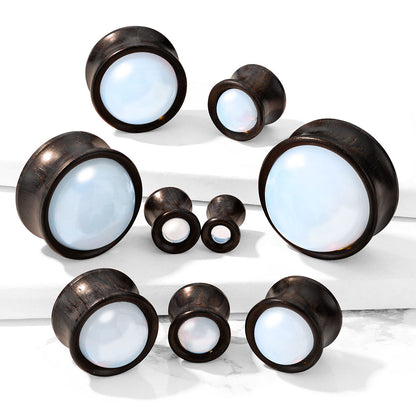 Synthetic Opal Center Front-Facing Natural Ebony Wood Saddle Plugs