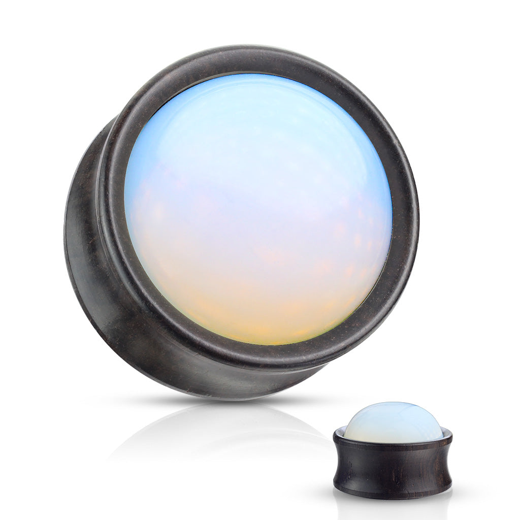 Synthetic Opal Center Front-Facing Natural Ebony Wood Saddle Plugs