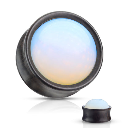 Synthetic Opal Center Front-Facing Natural Ebony Wood Saddle Plugs