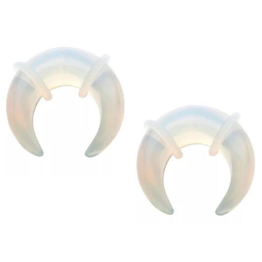 Opalite Stone Crescent Pincher Taper Plugs with Clear O Rings - Pair