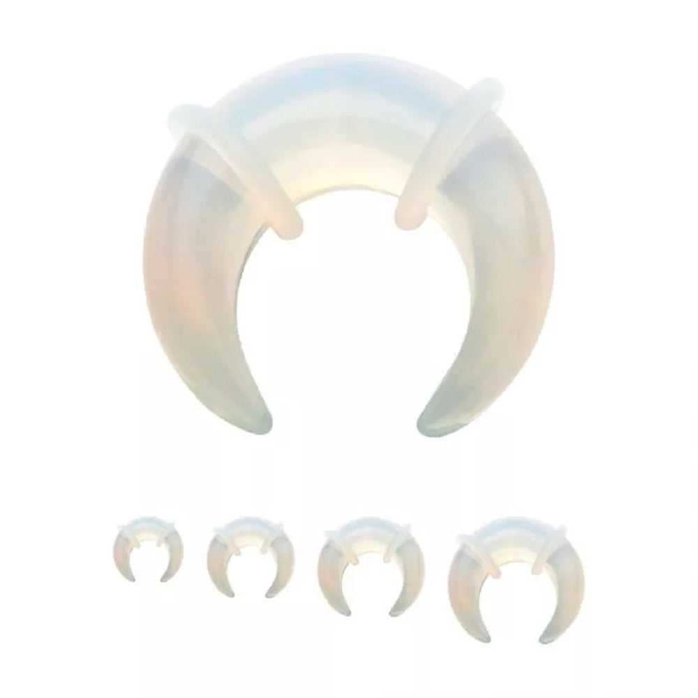 Opalite Stone Crescent Pincher Taper Plugs with Clear O Rings - Pair