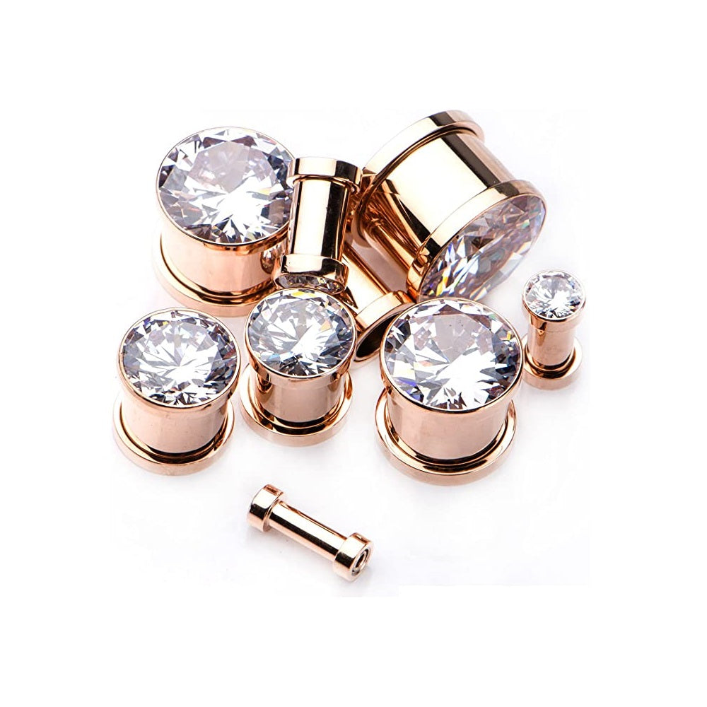 CZ Gem Rose Gold PVD Plated Screw-Fit Plugs - Stainless Steel