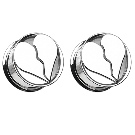 Broken Heart Double Flared Plugs - Stainless Steel - Pair