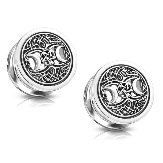 Antique Silver Plated Crescent Moons and Star Centered Screw Fit Plug Gauges - Stainless Steel