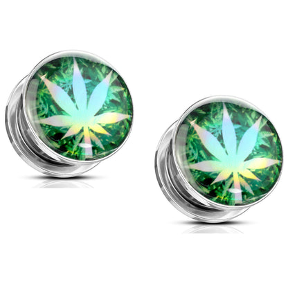 Pot Leaf Hologram Screw Fit Plugs - 316L Stainless Steel - Pair