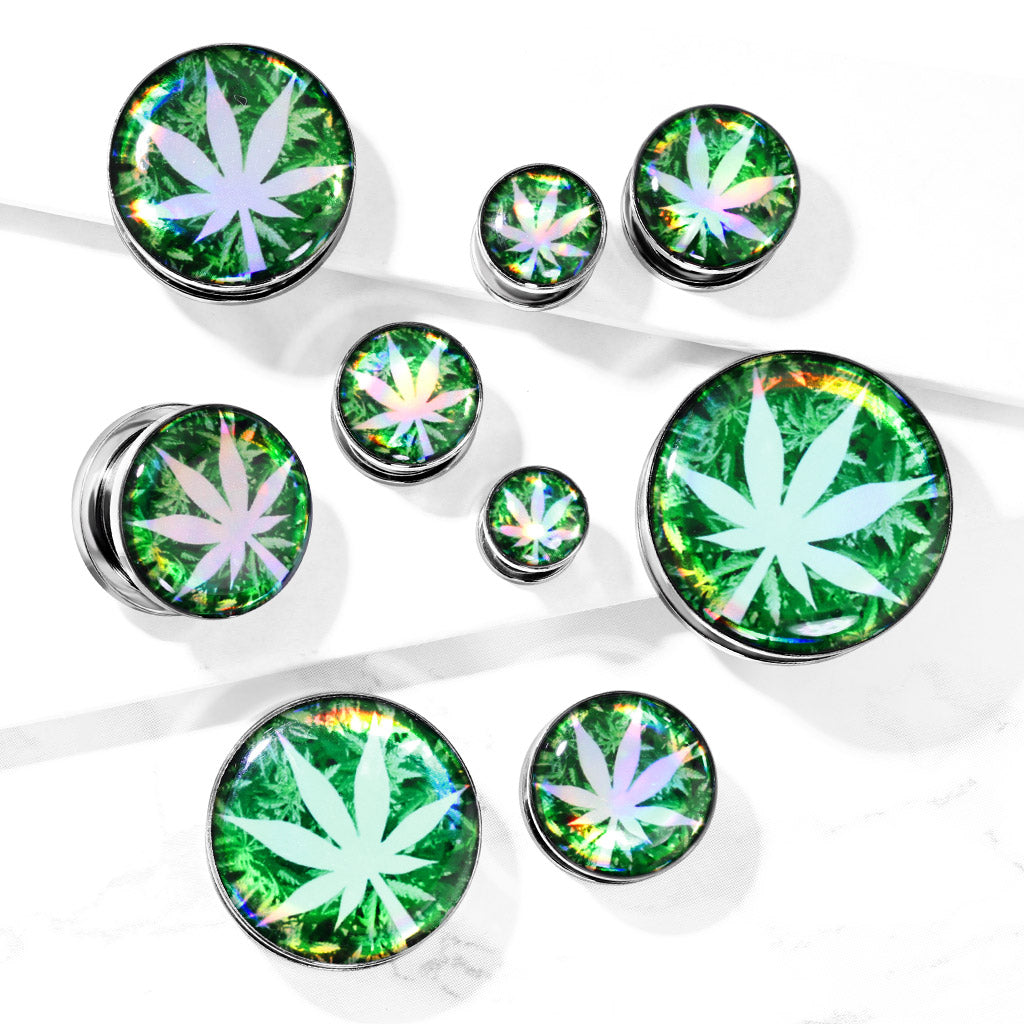 Pot Leaf Hologram Screw Fit Plugs - 316L Stainless Steel - Pair