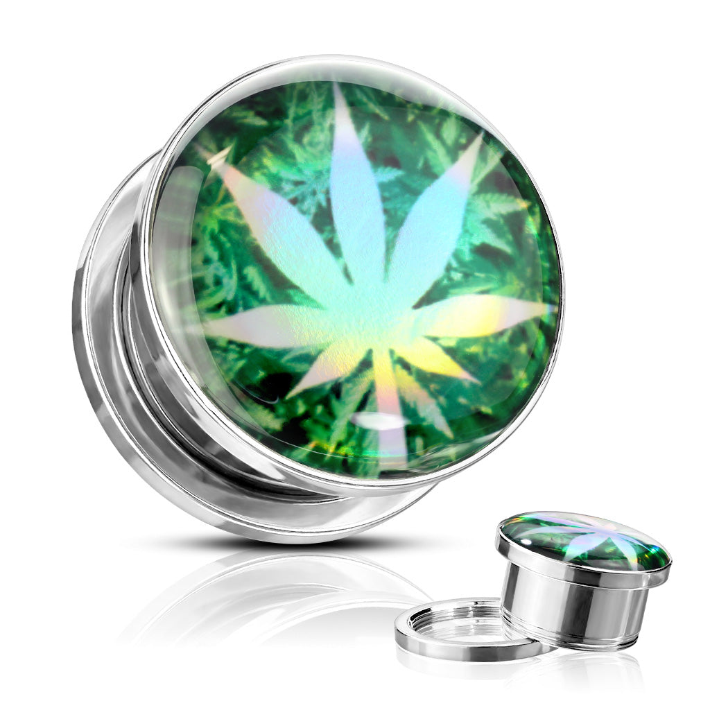 Pot Leaf Hologram Screw Fit Plugs - 316L Stainless Steel - Pair