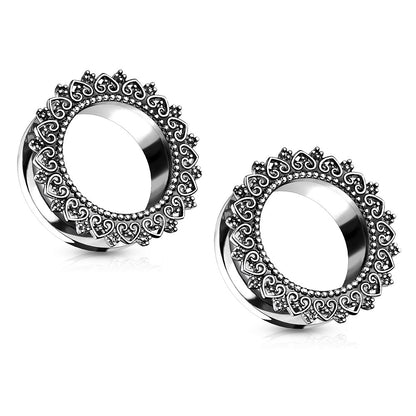 Tribal Filigree Heart Screw Fit Tunnels - Stainless Steel - Pair