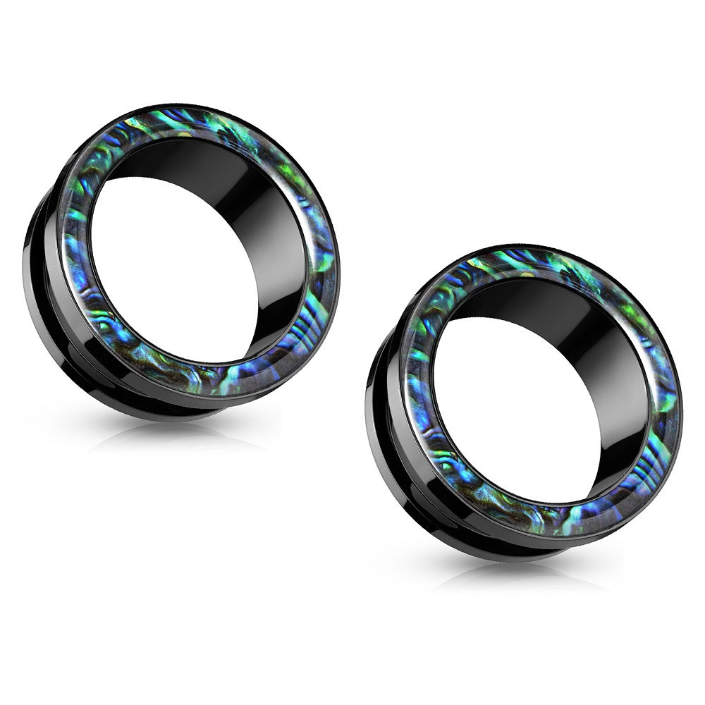 Abalone Rimmed Screw Fit Tunnels - Black PVD Stainless Steel - Pair