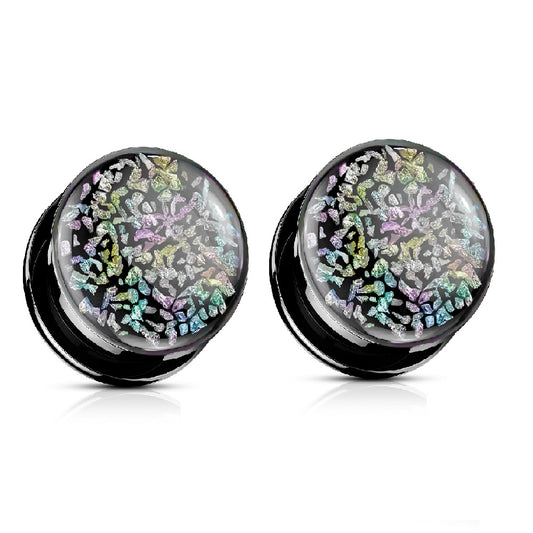 Holographic Rainbow Fossil Screw Flesh Fit Plugs - Black PVD 316L Stainless Steel - Pair