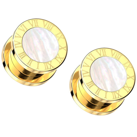 Roman Numeral Edge with Mother of Pearl Shell Center Screw Fit Plugs - Gold PVD Plated 316 Stainless Steel - Pair