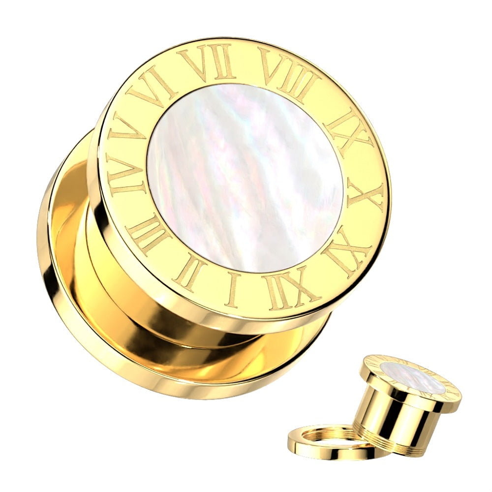 Roman Numeral Edge with Mother of Pearl Shell Center Screw Fit Plugs - Gold PVD Plated 316 Stainless Steel - Pair