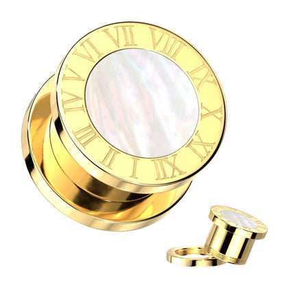 Roman Numeral Edge with Mother of Pearl Shell Center Screw Fit Plugs - Gold PVD Plated 316 Stainless Steel - Pair