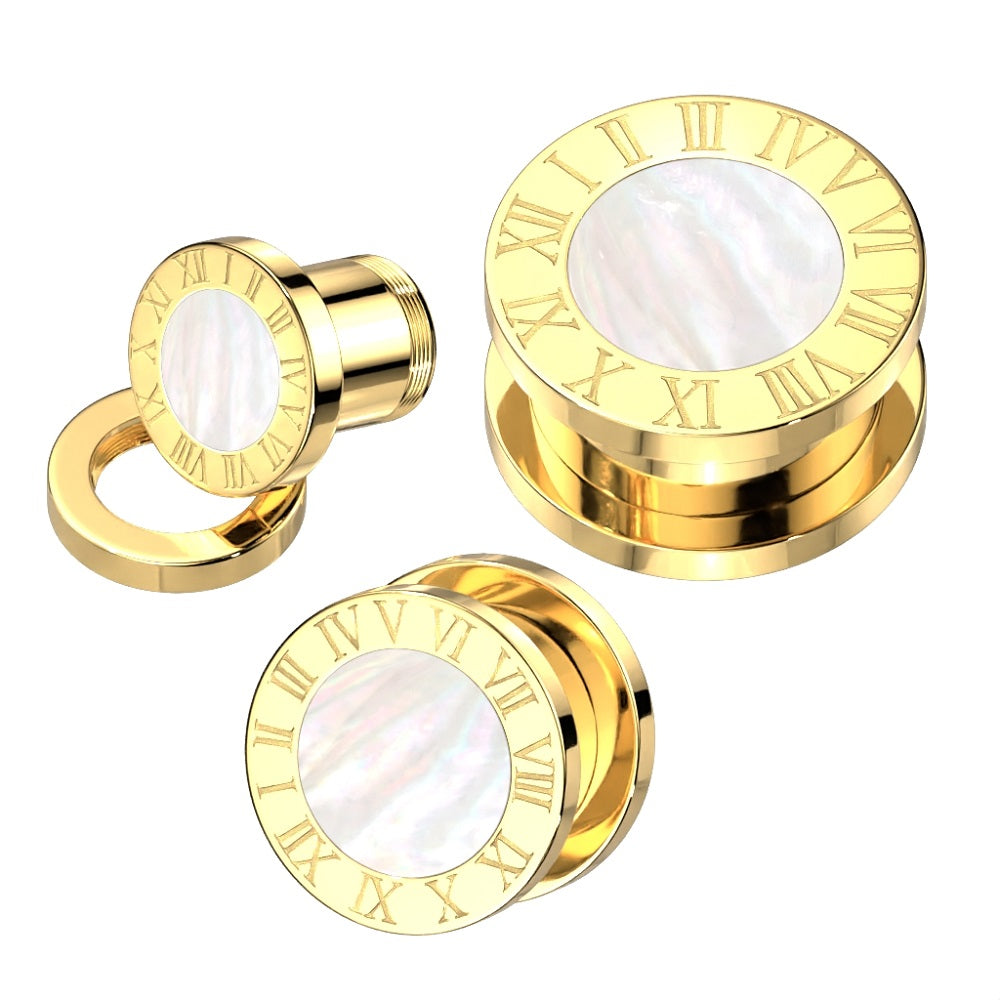 Roman Numeral Edge with Mother of Pearl Shell Center Screw Fit Plugs - Gold PVD Plated 316 Stainless Steel - Pair