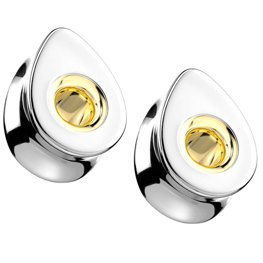 Solid Teardrop Shaped with Gold Tone Hollow Center Double Flared Saddle Plugs - 316L Stainless Steel - Pair