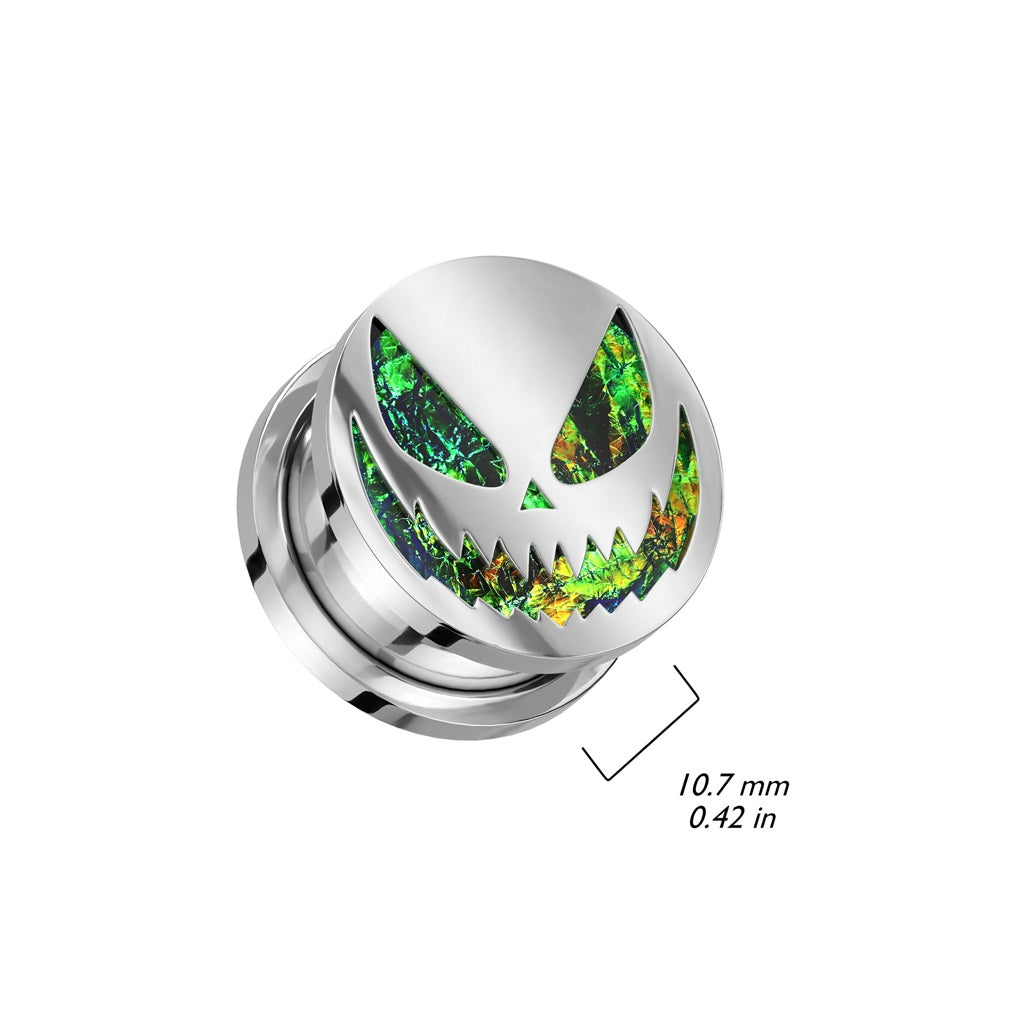 Green Glitter Spooky Halloween Smile Screw Fit Plugs - 316L Stainless Steel - Pair