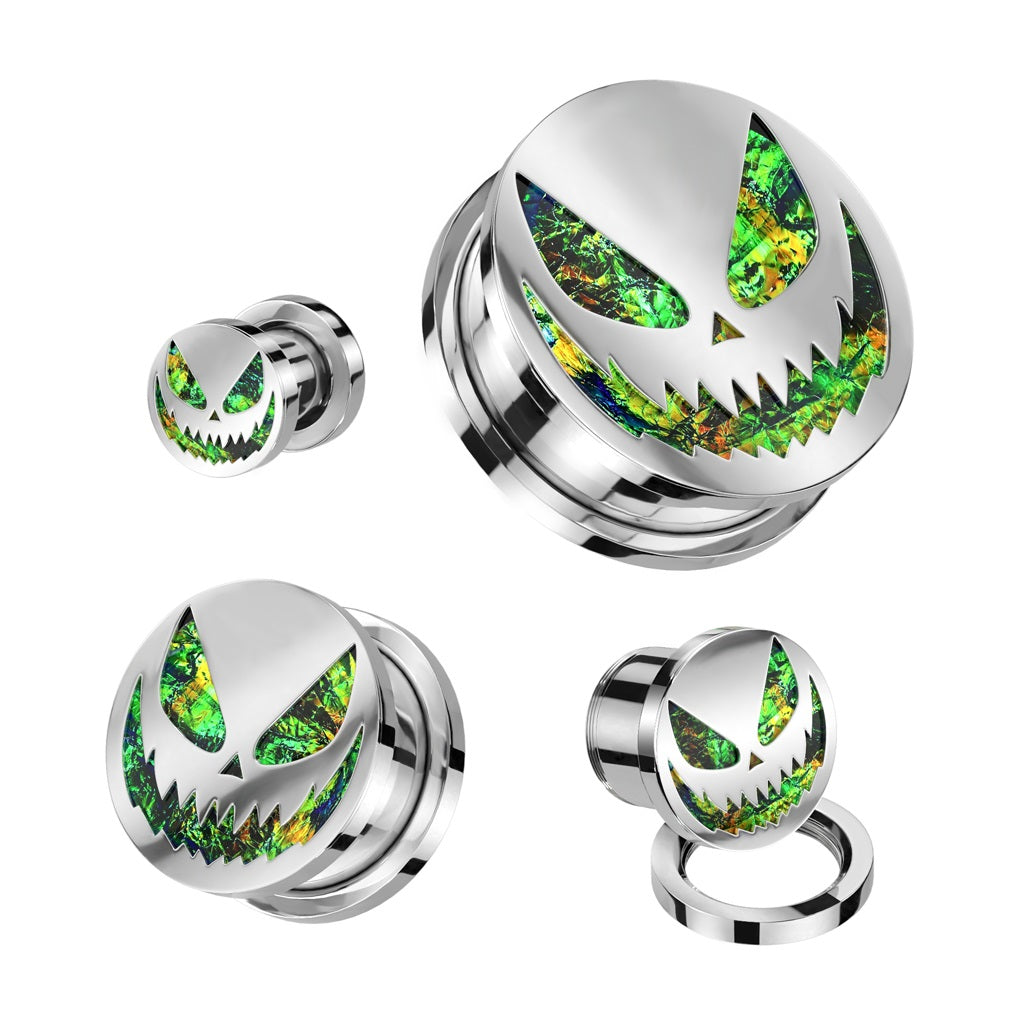 Green Glitter Spooky Halloween Smile Screw Fit Plugs - 316L Stainless Steel - Pair