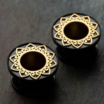 Black PVD Gold Filigree Rim Screw Fit Tunnels - 316L Stainless Steel - Pair