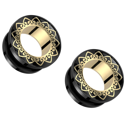 Black PVD Gold Filigree Rim Screw Fit Tunnels - 316L Stainless Steel - Pair