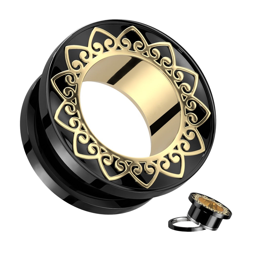 Black PVD Gold Filigree Rim Screw Fit Tunnels - 316L Stainless Steel - Pair