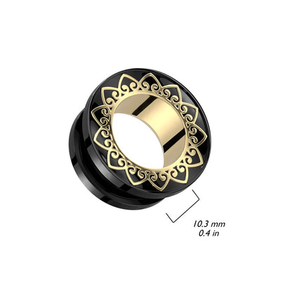 Black PVD Gold Filigree Rim Screw Fit Tunnels - 316L Stainless Steel - Pair