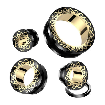 Black PVD Gold Filigree Rim Screw Fit Tunnels - 316L Stainless Steel - Pair