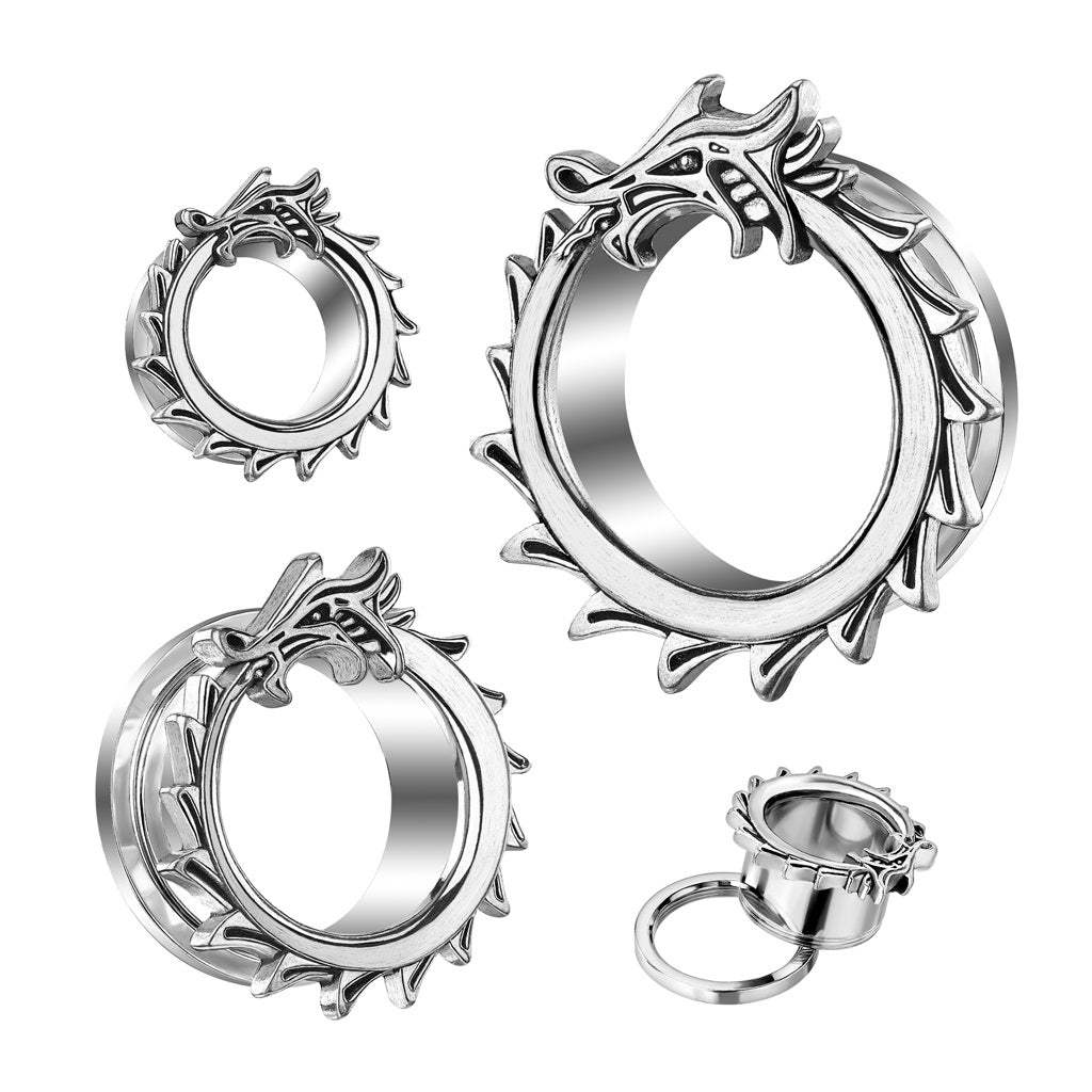 Dragon Wrapped Rim Screw Fit Tunnels - 316L Stainless Steel - Pair