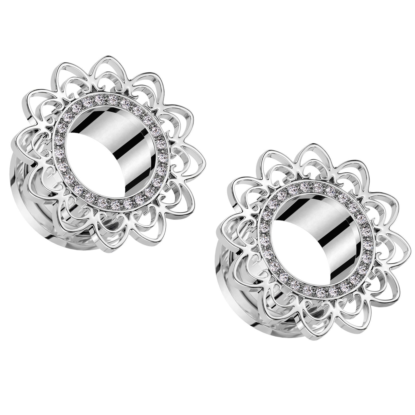 Heart Filigree with CZ Crystal Paved Rim Screw Fit Tunnels - 316L Stainless Steel - Pair