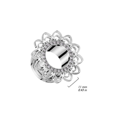 Heart Filigree with CZ Crystal Paved Rim Screw Fit Tunnels - 316L Stainless Steel - Pair