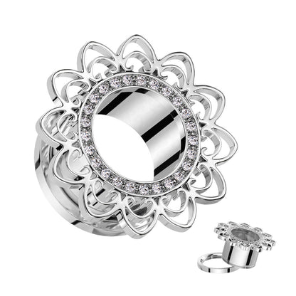 Heart Filigree with CZ Crystal Paved Rim Screw Fit Tunnels - 316L Stainless Steel - Pair